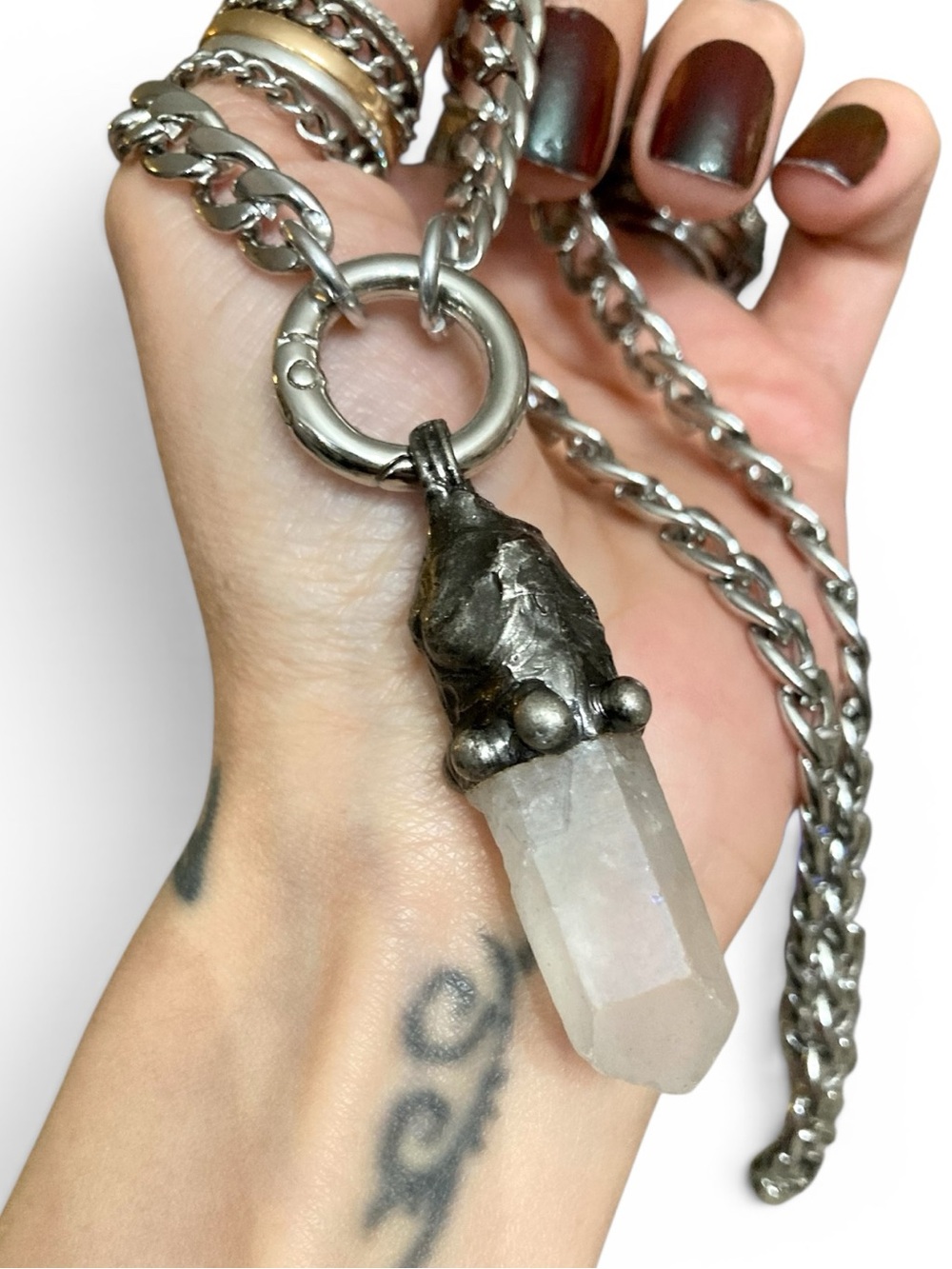 Genuine clear crystal quartz on cuban chain choker boho goth necklace